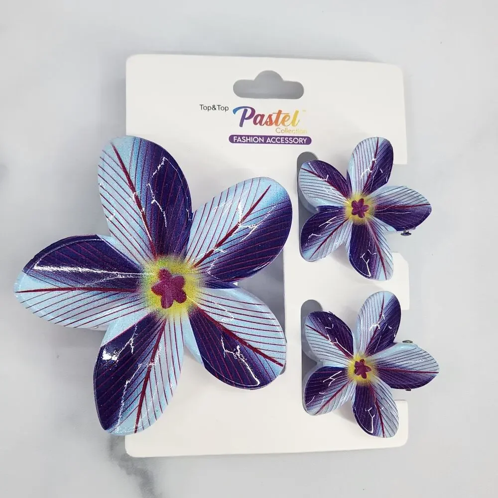 3 pc Hawaiian Flower Claw Clip Set - Hair Accessories Blue & Navy Blue Plumeria